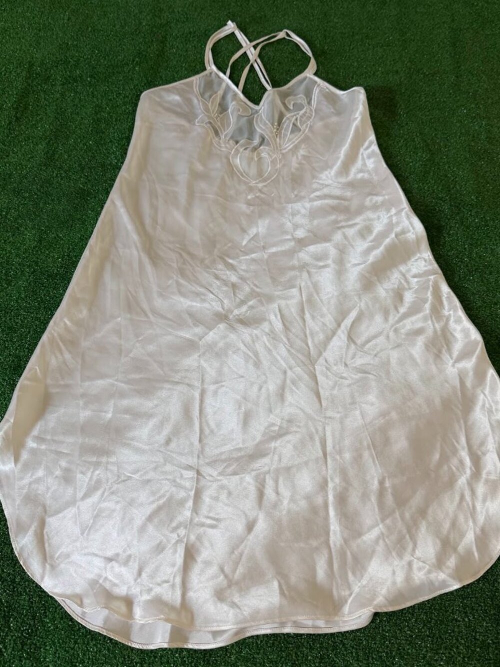 Vintage Josie Full Slip Lace Double Strap Cross Back Pearl Embroidered Size M